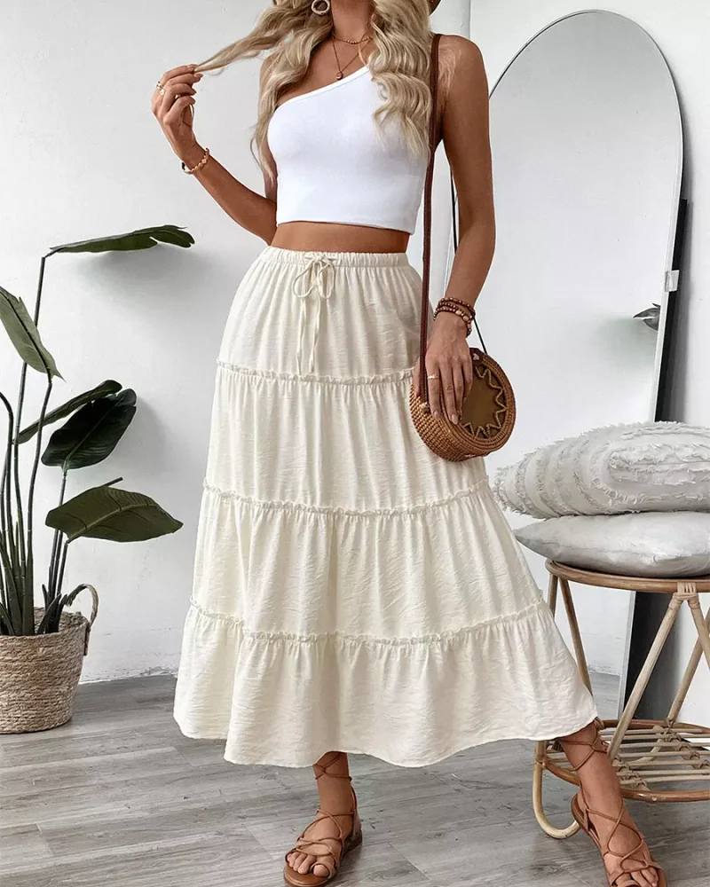 Casual Polyester Natural Waistline Drawstring Layered A-line Long Skirt