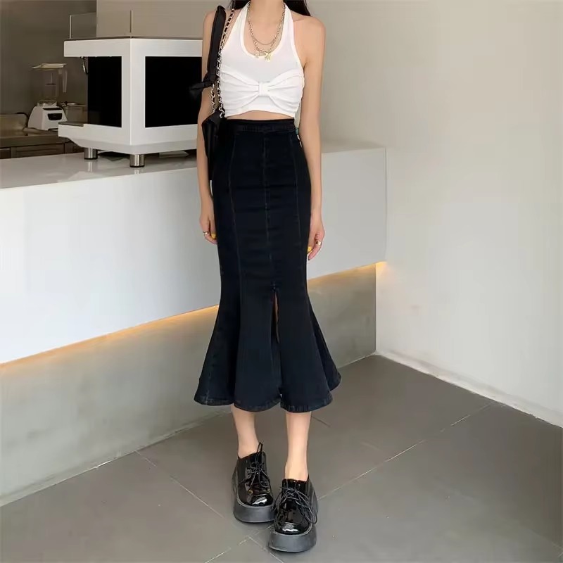 Casual High-Waisted Slimming Stretch Slit Side Medium-Length Bodycon Skirt