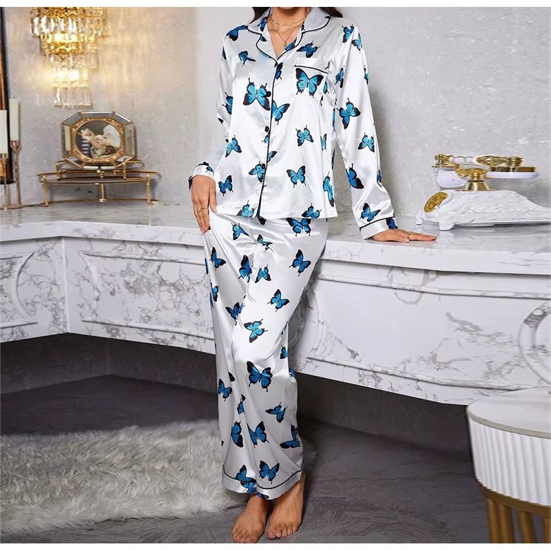 Casual Long Sleeved Top Elastic Waist Printed Long Sleepwear Two Piece Set