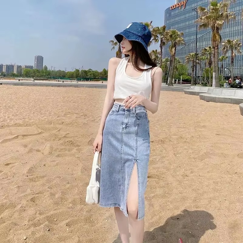 Casual Lycra High Waist One Step Split Pencil Midi Skirt Streetwear