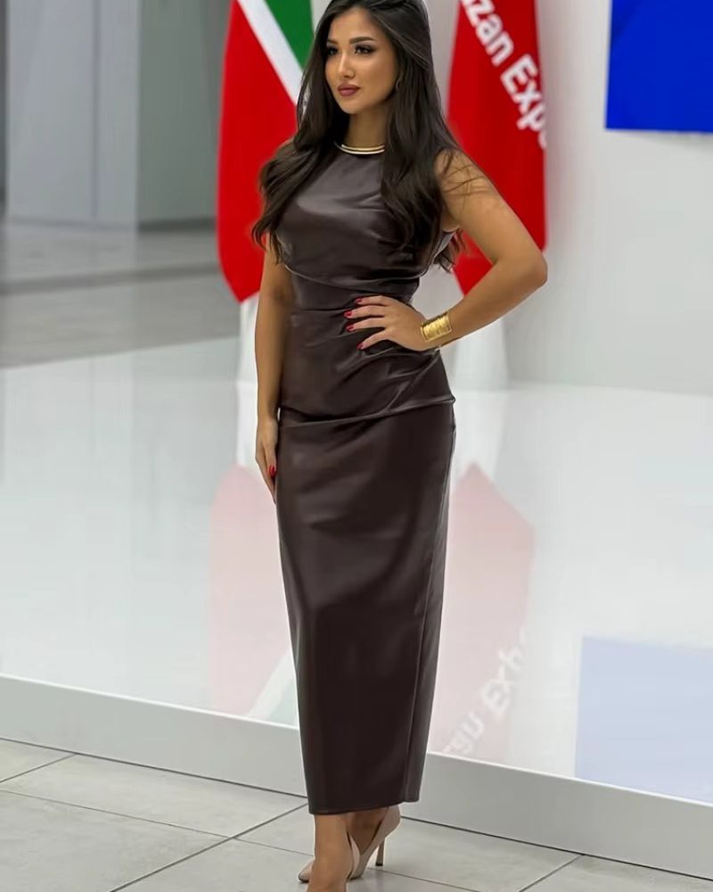 Casual O-Neck Solid Sleeveless Pleated Short PU Maxi Dress