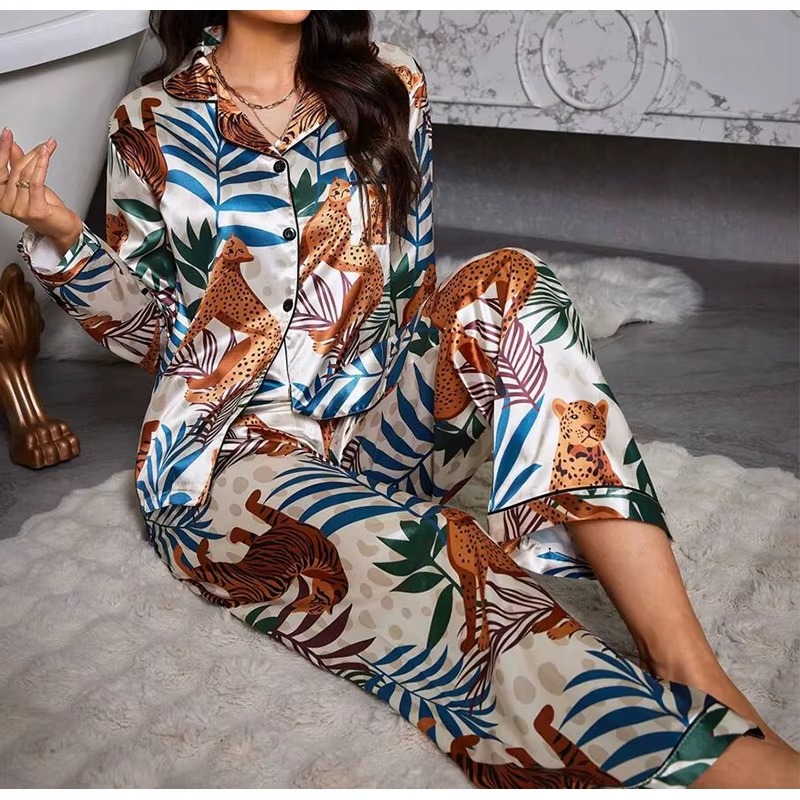Casual Satin Printed Long Sleeved Top Long Pants Two piece set Night Dress