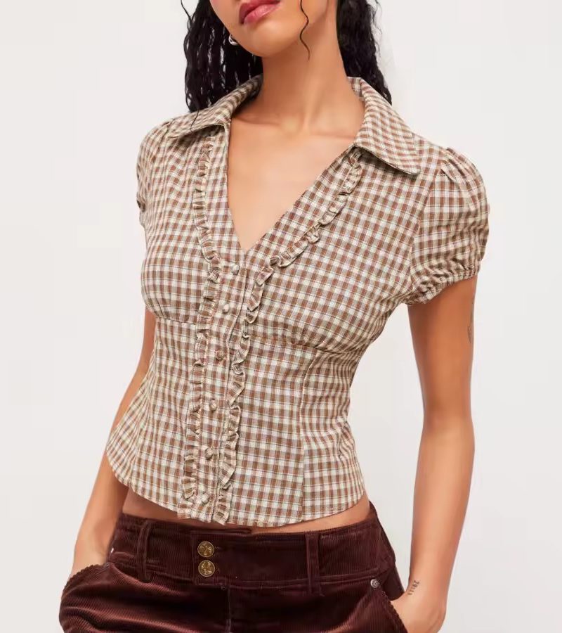 Casual Short Sleeve Lapel Ruffle Trim Button Down Tops Preppy Coquette Aesthetic Street Tops