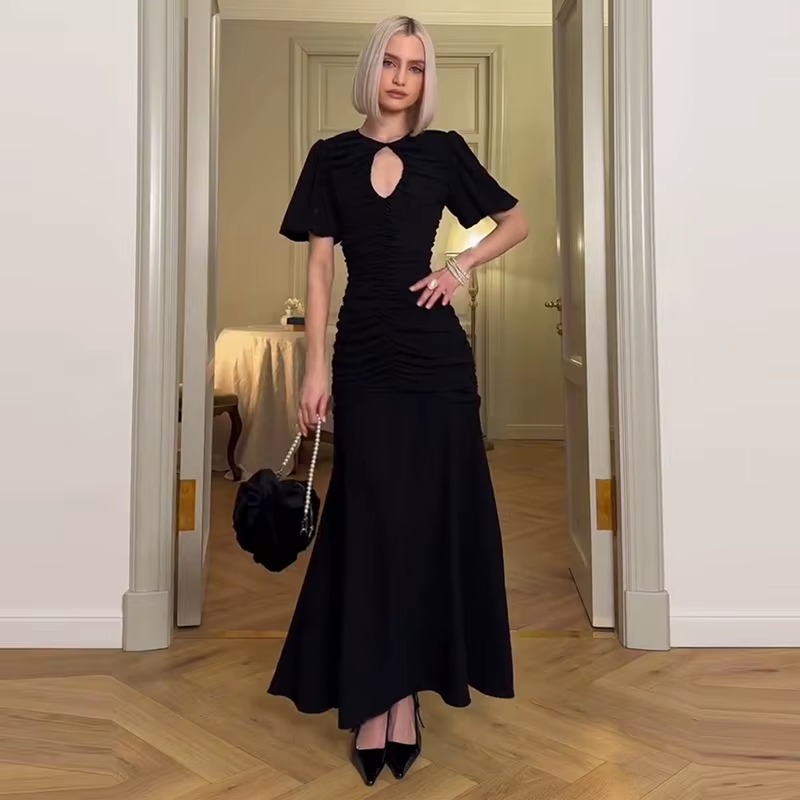 Casual Solid Hollow Out O Neck Short Sleeve High Waist Temperament  Maxi Dress