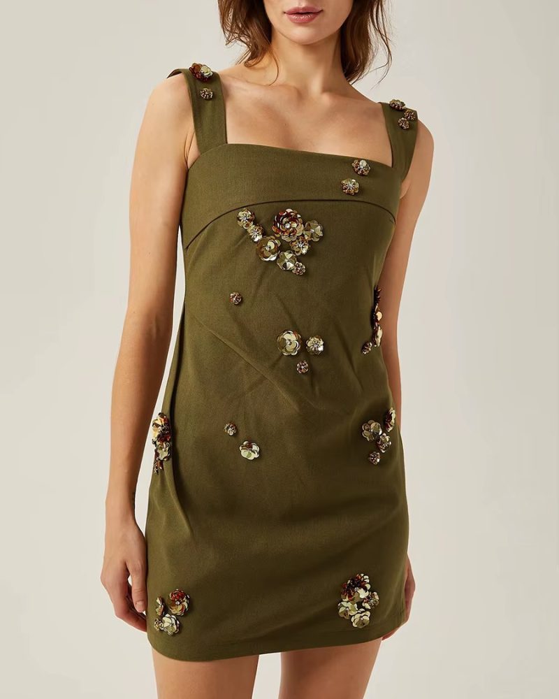 Casual Solid Pstchwork Appliques Square Collar Sleeveless High Waist Mini Dress