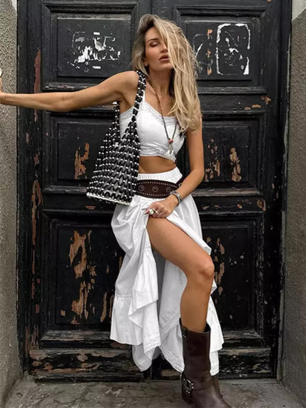 Casual Spaghetti Straps Backless Ruffles Crop Top And Long Skirt Boho Two Piece Set