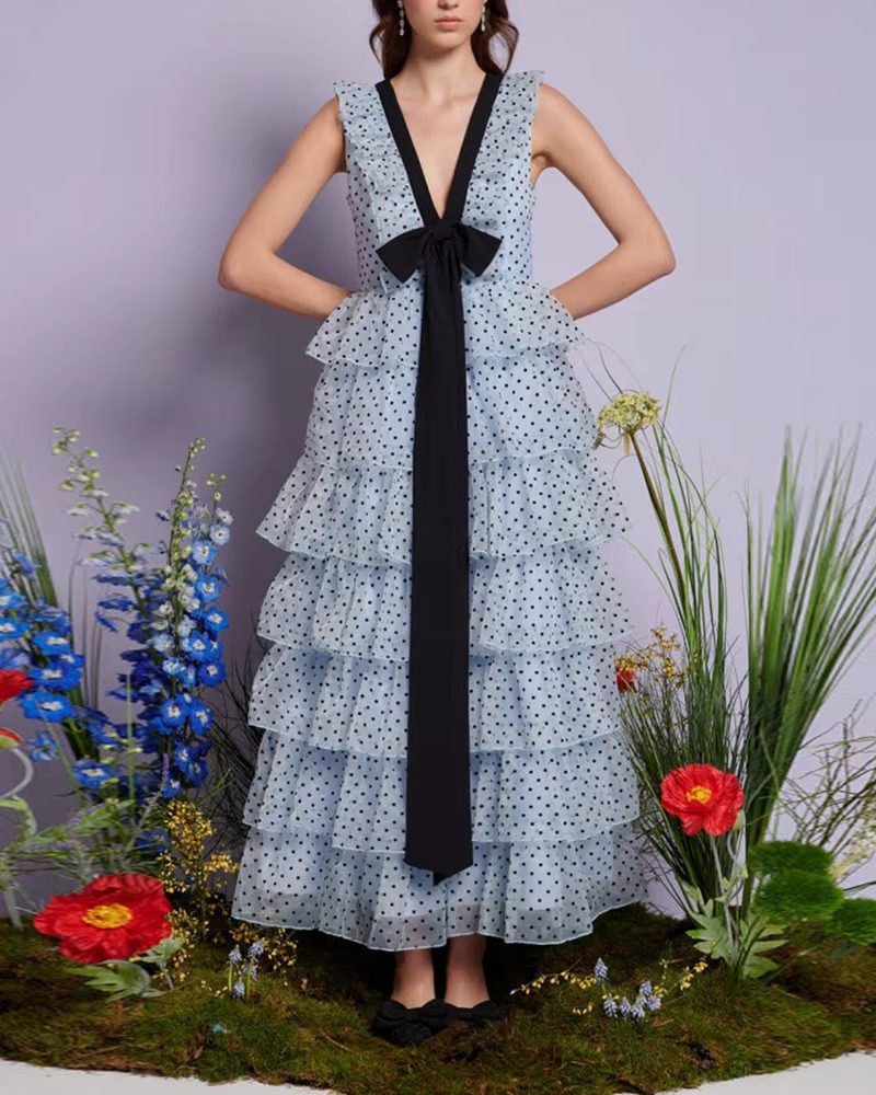 Casual V Neck Sleeveless Patchwork Polka Dot Loose Spliced Ruffles Maxi Dresses