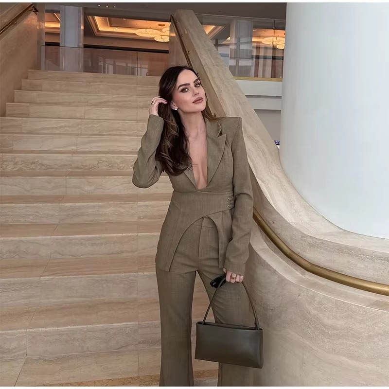 Casual Vintage Belt Blazer Pants Lapel Long Sleeve Coat Straight Zipper Trousers  Two Piece Set