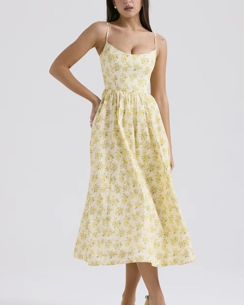 Casual sleeveless A-LINE Floral Spaghetti Strap Strapless Backless Midi Dress