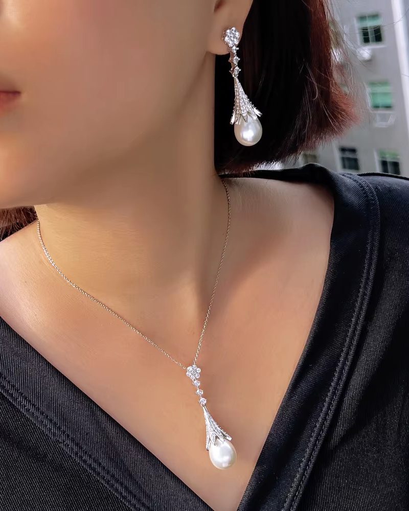 Chic Cubic Zircon Long Dangle Drop Leaf Pearl Daily Party Jewelry Set