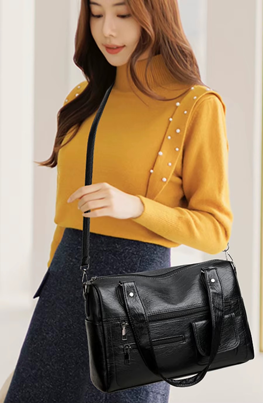 Vintage Chic Solid Color Adjustable Strap Leather Shoulder Hobo Bag