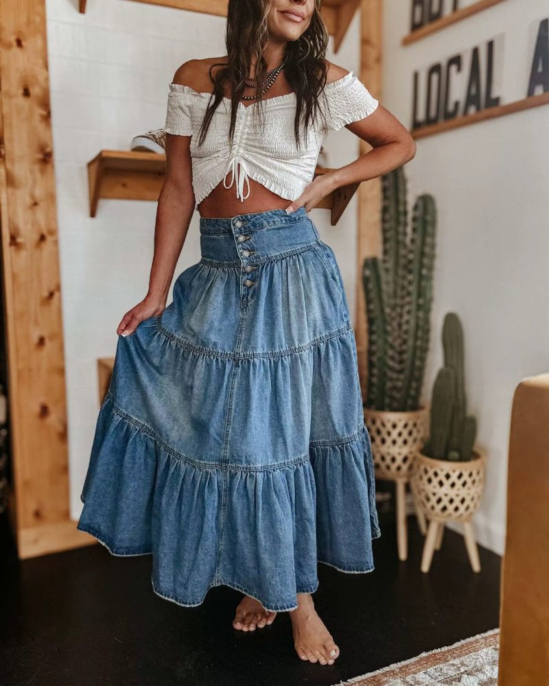 Elegant Bohemian Damaged Water Washed With Wrinkles Half Skirt