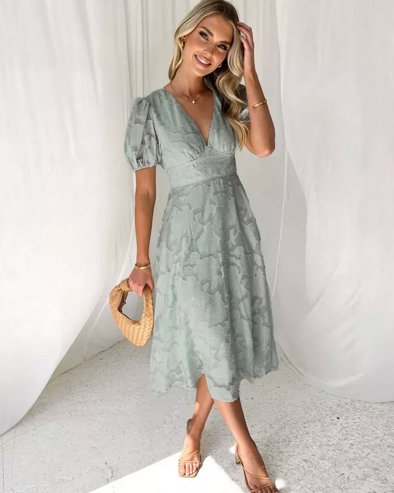 Elegant Lace Floral With V-Neck And Short Puffy Sleeves Midi Dress