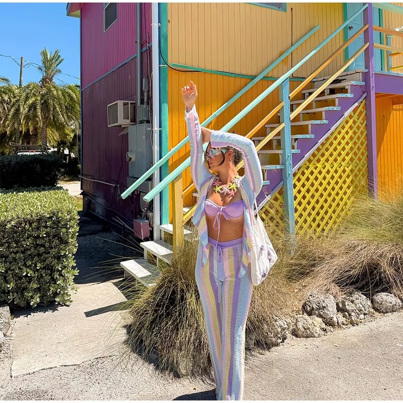 Elegant Rainbow Striped Hollow Out Pants V Neck Long Sleeve Cardigan Suit Two Piece Set