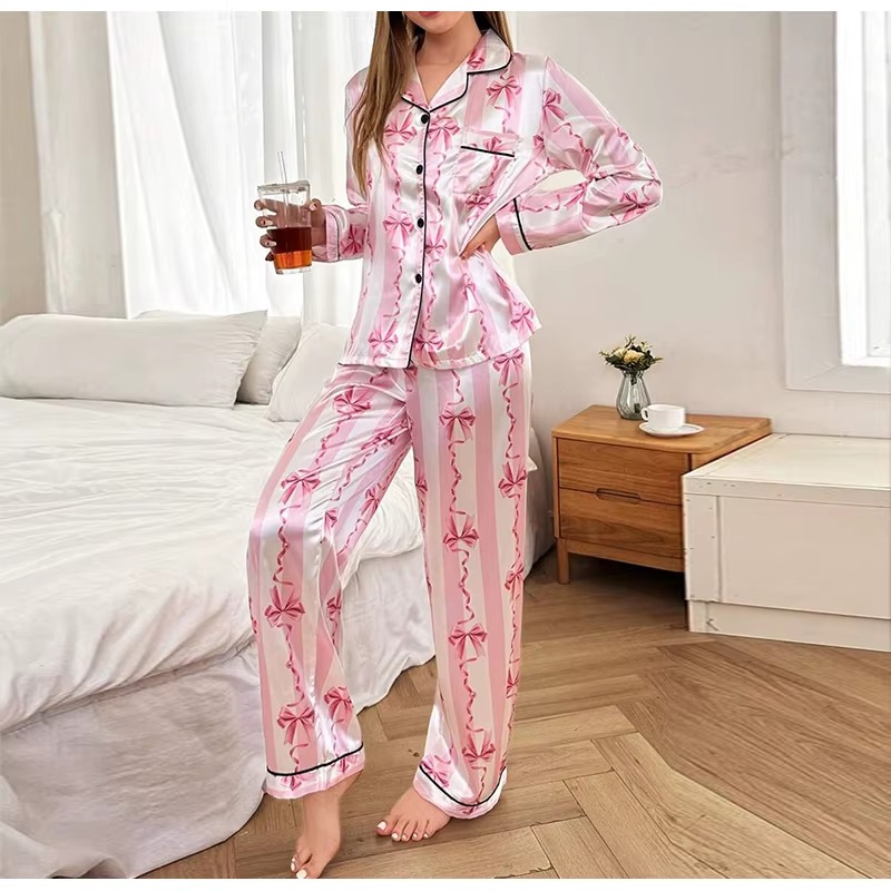 Elegant Satin Printed Long Sleeved Top Long Pants Two piece set Night Dress