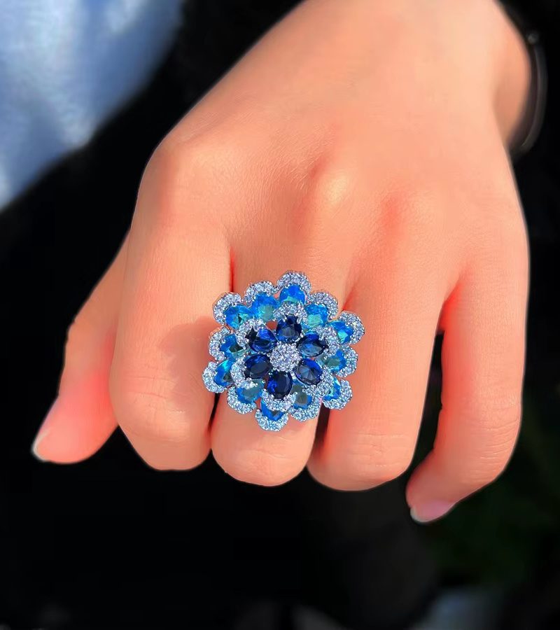 Elegant Shiny Zirconia 3D Design Big Flower Open Size Ring