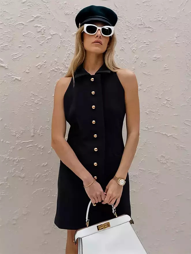 Elegant Sleeveless Solid Color Collared Tank Pockets Mini Dress