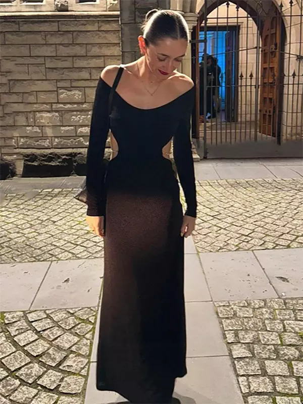 Elegant Solid Color Long Sleeve Crew Neck Open Back Maxi Party Dress