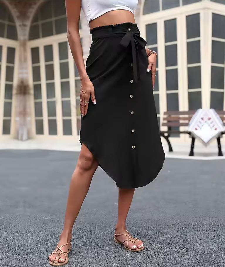 Elegant Stretchy High Waist Polyester With Adjustable Drawstring Midi Skirt