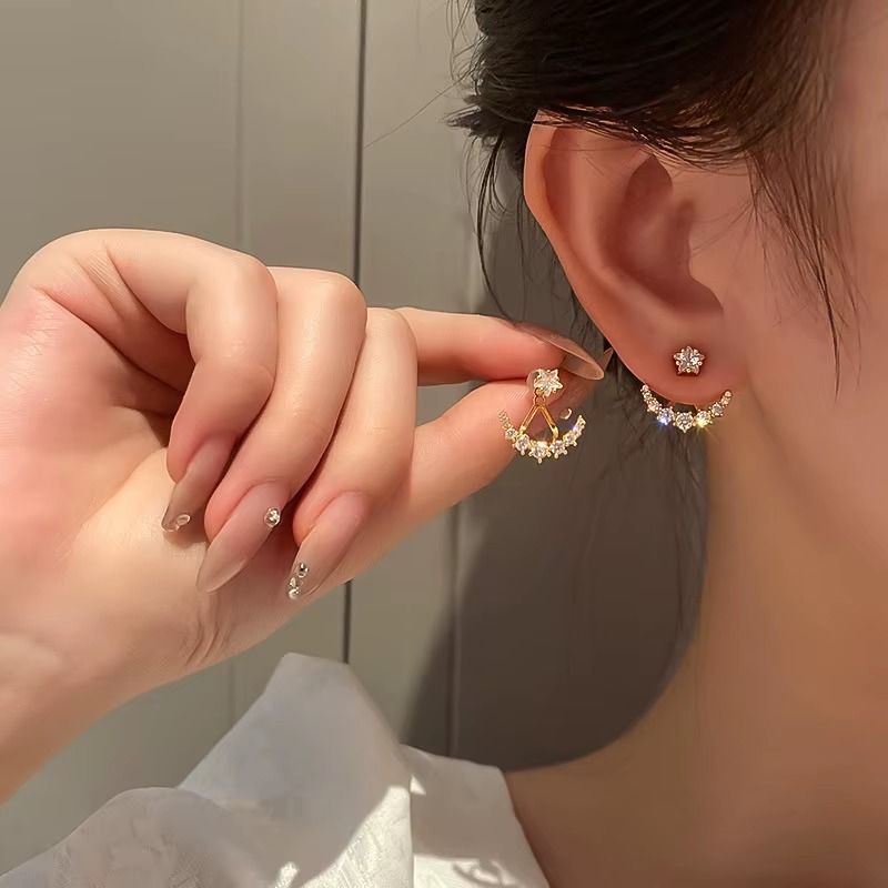 Exquisite Fashion Zircon Double Use Style Star Moon Stud Earrings