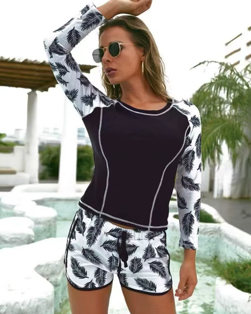 Floral Print Fashion Long Sleeve Swimwear Shorts Beachwear Bathing Bikini Set