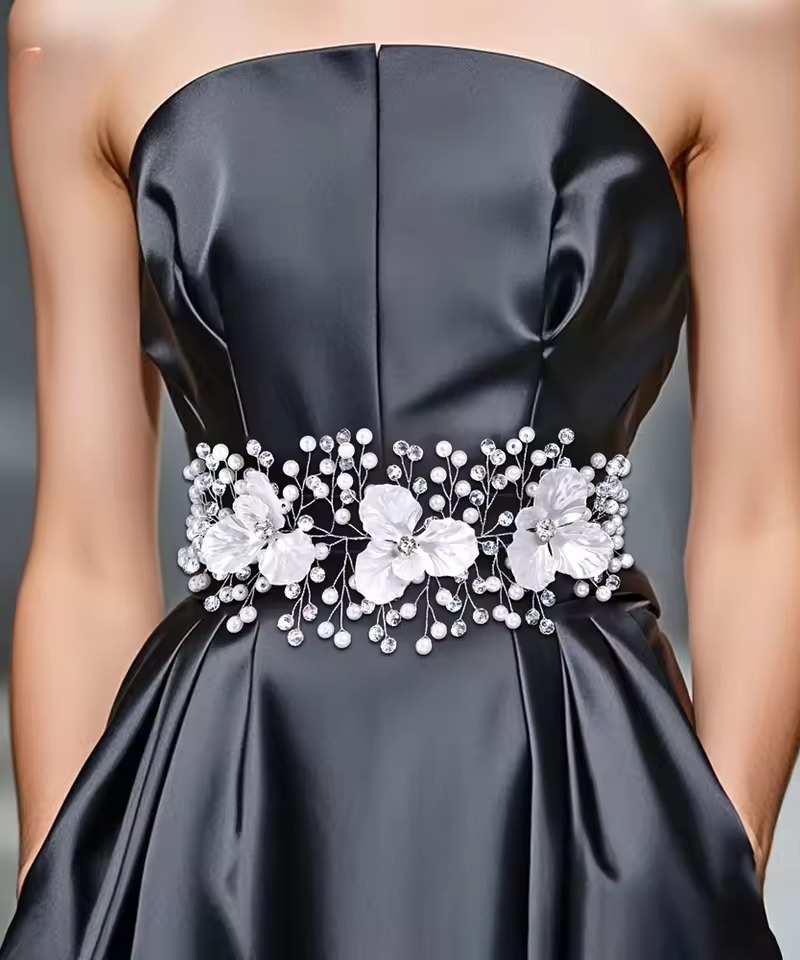 Flower Pearl Sash Bride Banquet Gown Waistband Belt Evening Dress