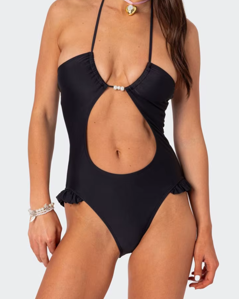 Hollow Out Ruffles Backless Halter One-Piece Swimwear for Beachwear Swimsuits