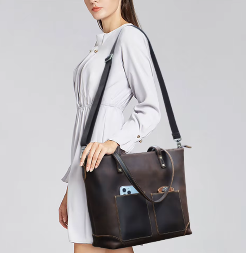 Laptop with Luggage Strap Vintage Zipper Genuine Leather Shoulder Bags