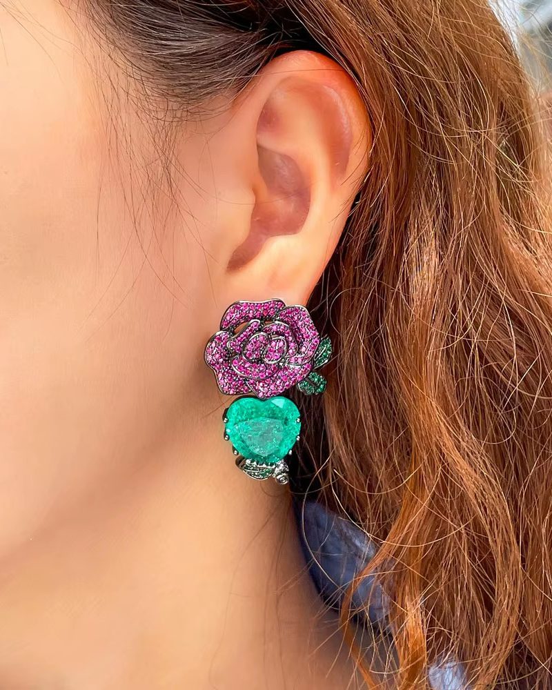 Luxury Cubic Zirconia Long Big Flower Heart Wedding Bridal Party Dangle Earrings