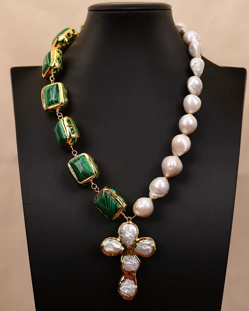 Natural Keshi Baroque Pearl Coin Gold Plated Malachite Stone Necklace