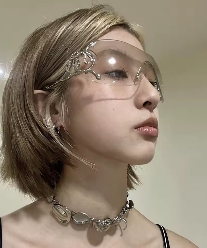 Trendy Rimless Gradient Snake Shaped Mirror Leg Oversized Sunglasses