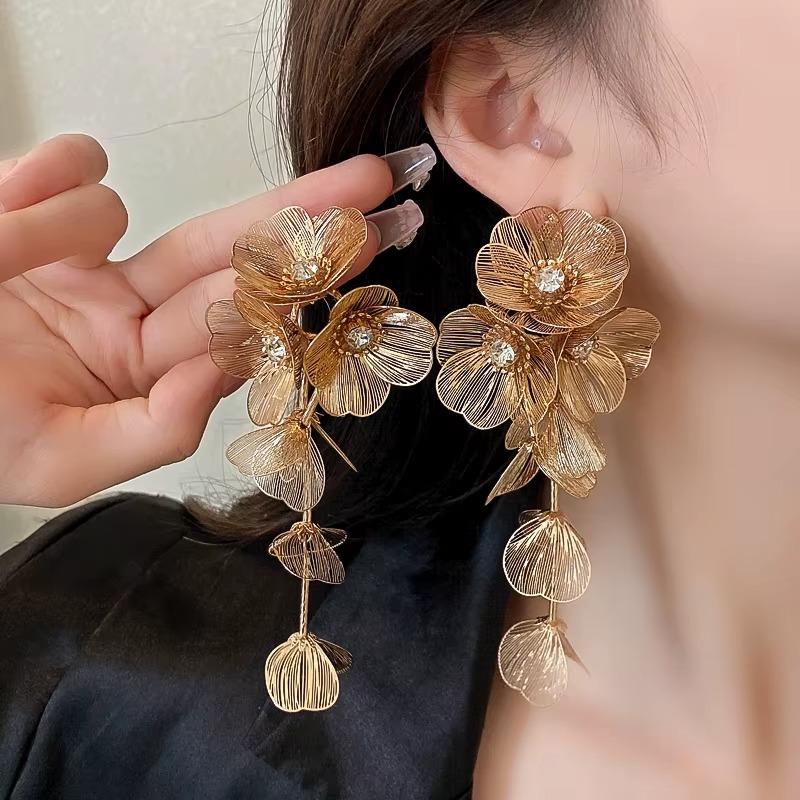 Vintage Classic Crystal Metal Bohemian Big Flower Drop Earrings