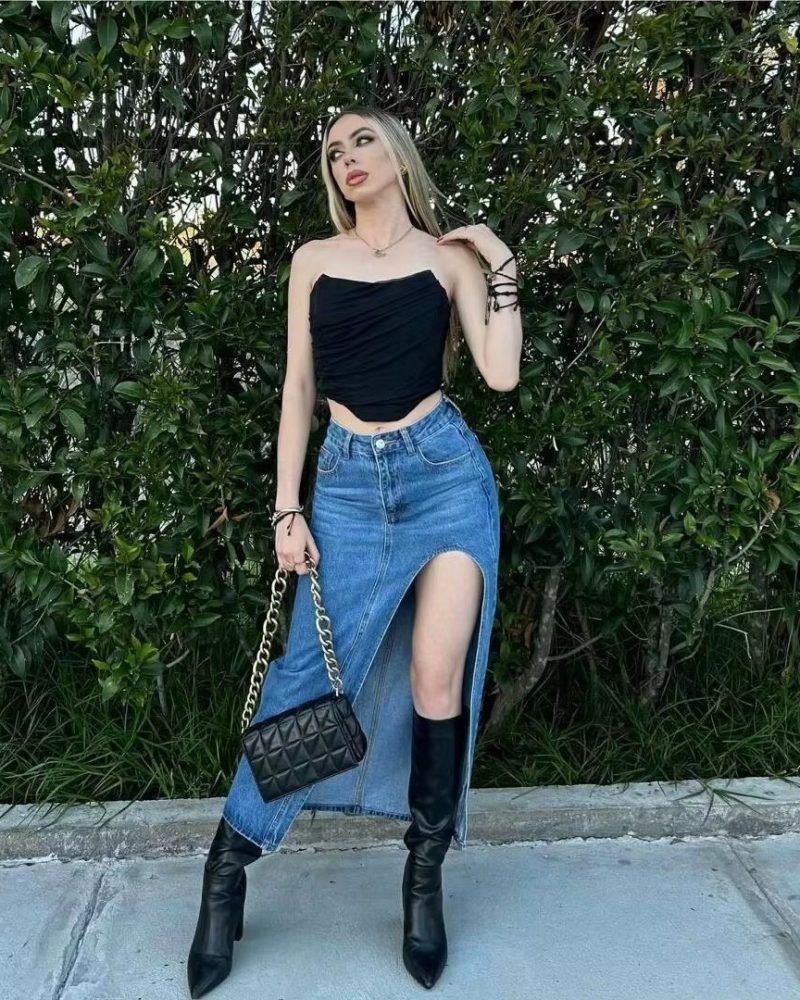 Vintage Distressed High Waisted Non Stretch Mid-Calf Split Skirt