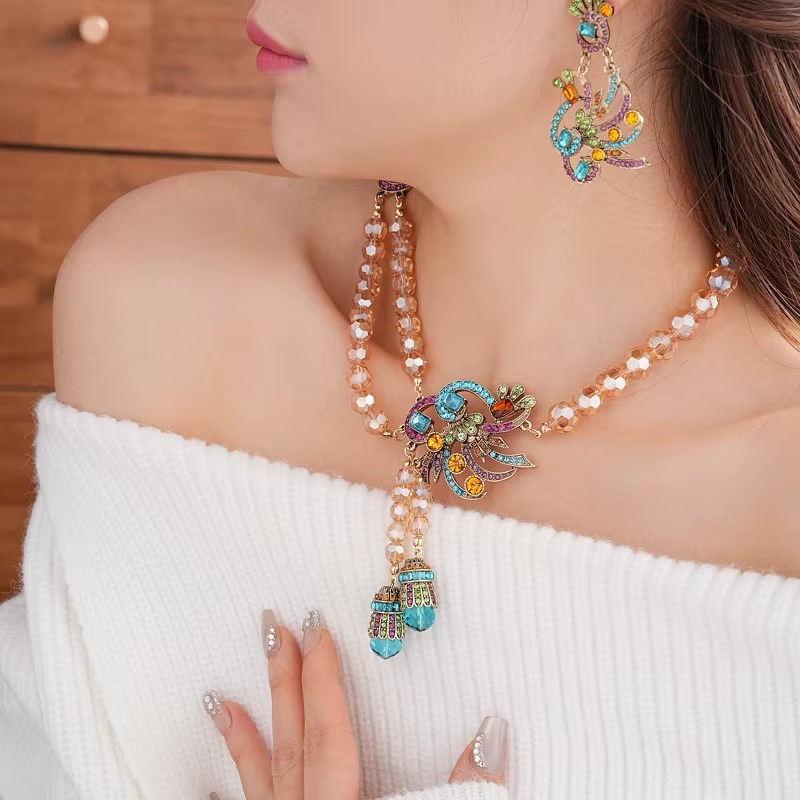 Vintage Peacock Flower Earrings Light Luxury Necklace Jewelry Set