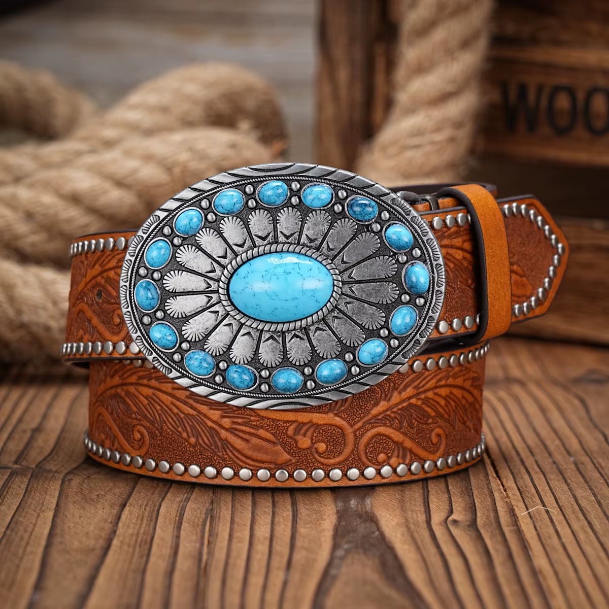 Vintage horse Floral Western Cowboy PU Leather Engraved Buckle Belt for Jeans - Image 3