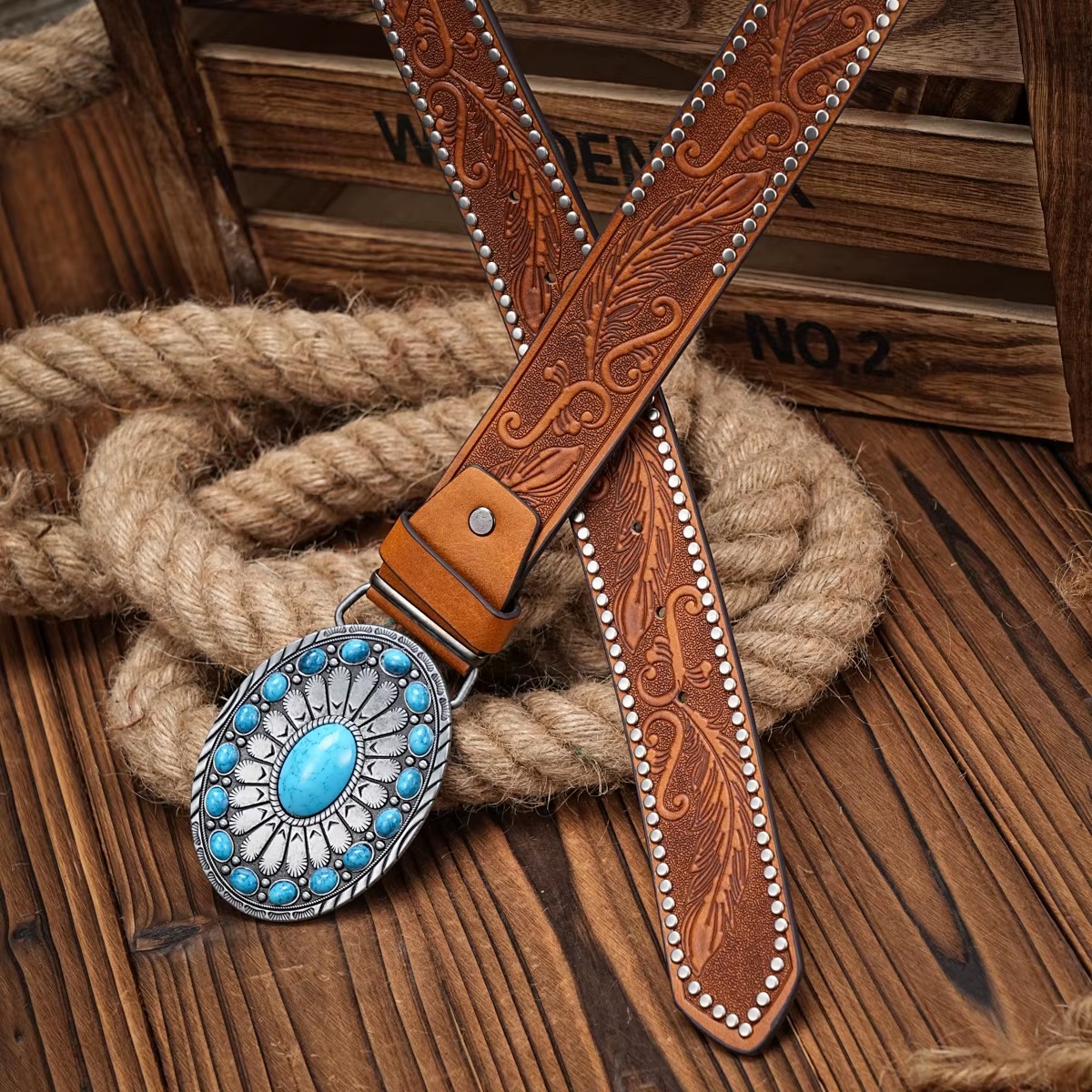 Vintage horse Floral Western Cowboy PU Leather Engraved Buckle Belt for Jeans - Image 4