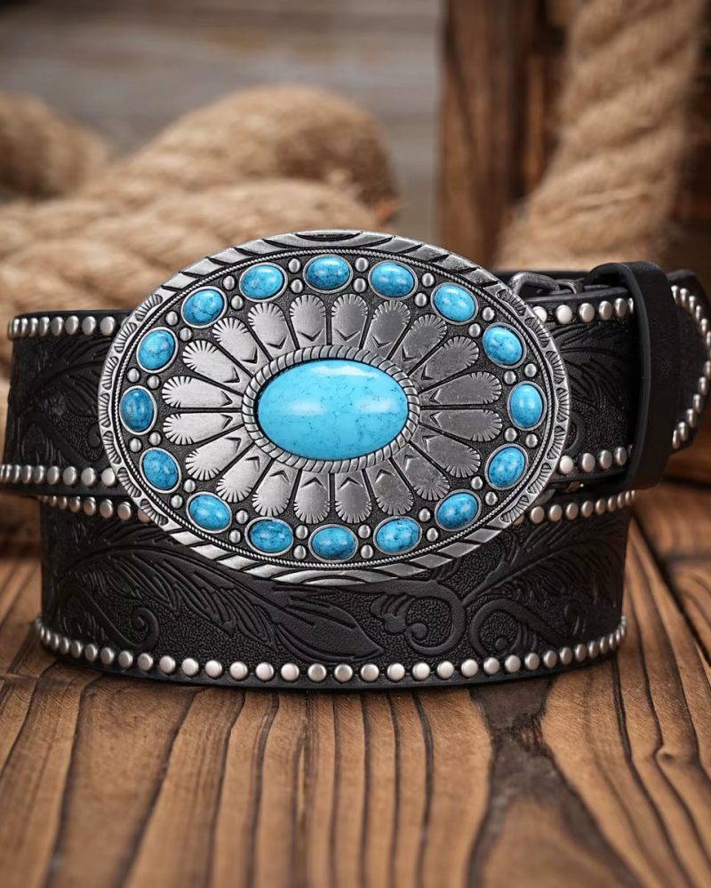 Vintage horse Floral Western Cowboy PU Leather Engraved Buckle Belt for Jeans