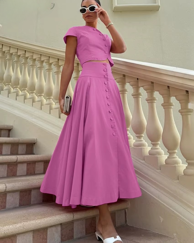 Casual Short Sleeve Crop Top With High Waist Long Skirt Two Pieces Set