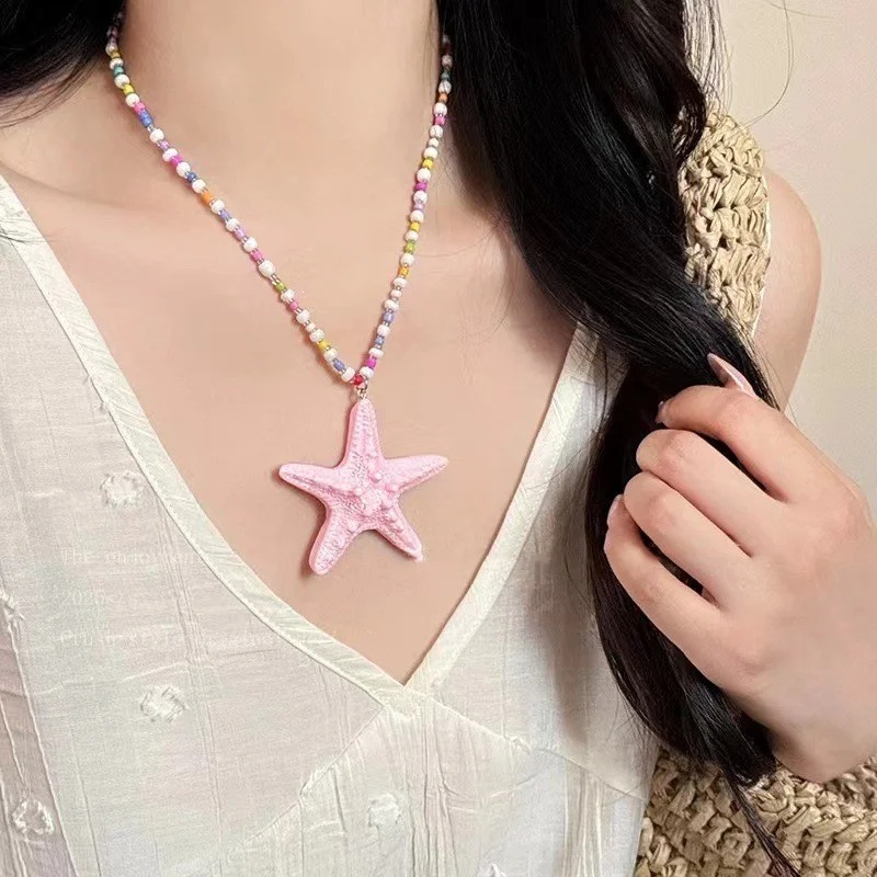 Big Starfish Rice Beads Beaded Clavicle Choker Beach Party Pendant Necklace