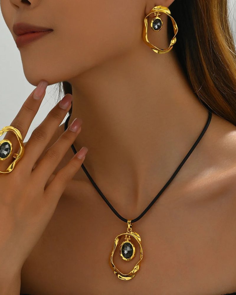 Metal Copper 3pcs Earrings Necklace Ring Jewelry Set