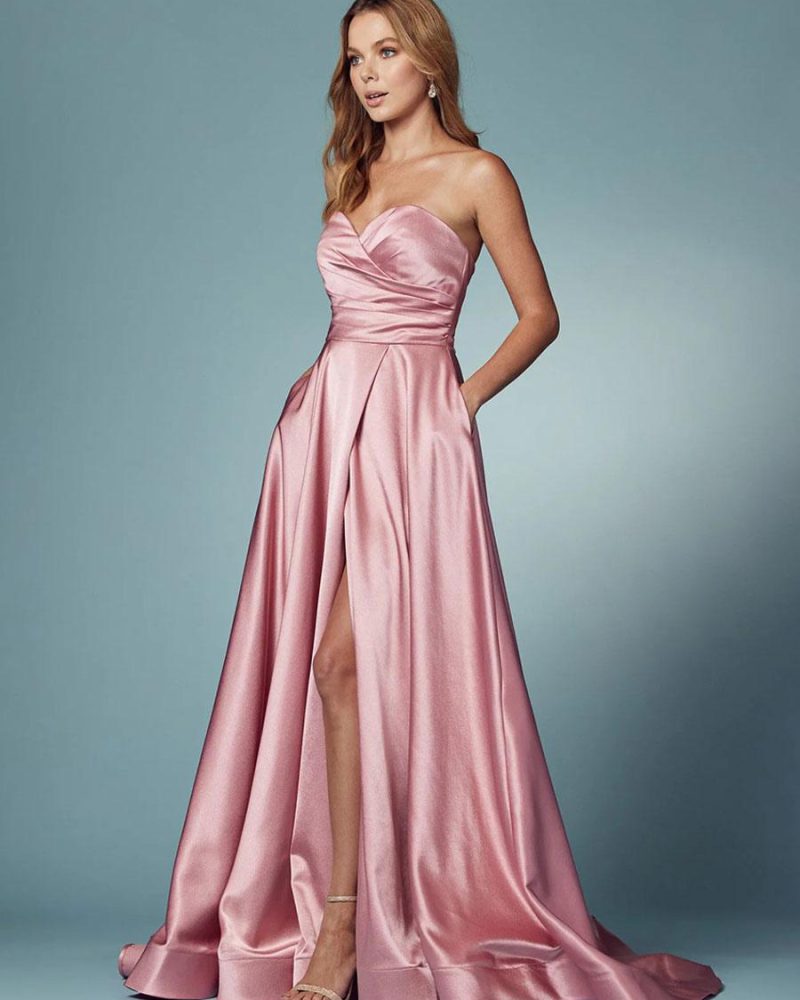 Casual A-Line Sweetheart Neck Satin Sleeveless Pockets Prom Party Dresses