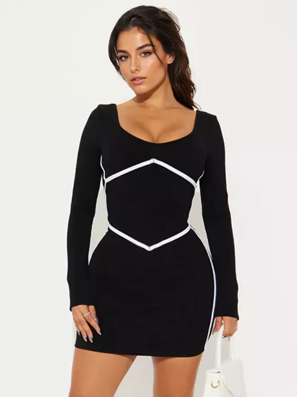 Casual Backless Contrast Color With Long Sleeves Bodycon Mini Dress
