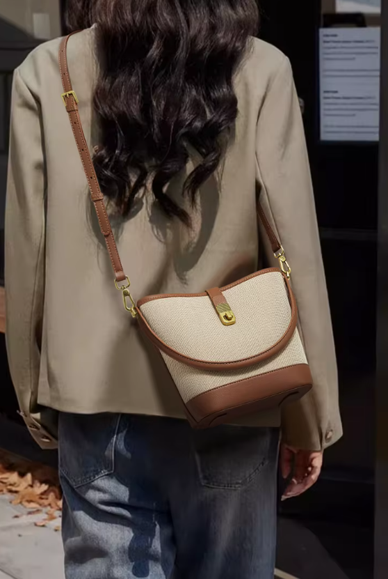 Casual Cotton Fabric Small Bucket Shoulder Crossbody Handbag