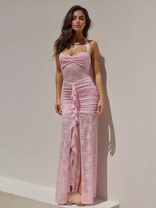 Casual Halter Neck Sleeveless Lace High-Slit Ruffles Backless Pleated Maxi Party Dress