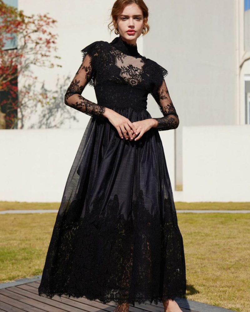 Casual High Collar Embroidered Long Sleeves Sheer Maxi Party Dresses