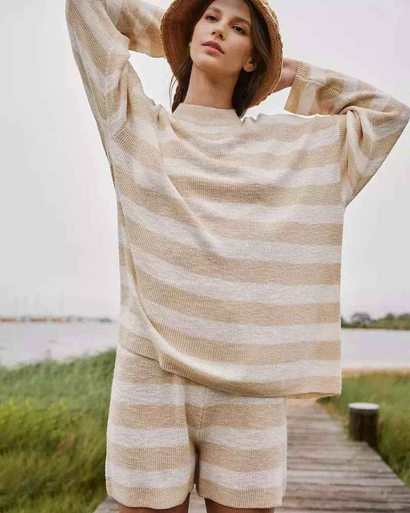 Casual Long Sleeves Pullover And Shorts Striped Knit Two Piece Set