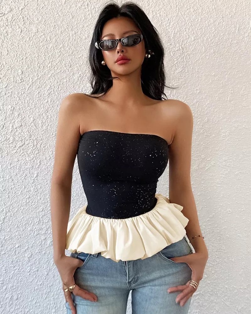 Casual Ruffles Strapless Contrast Color Sleeveless Sparkling Tube Top