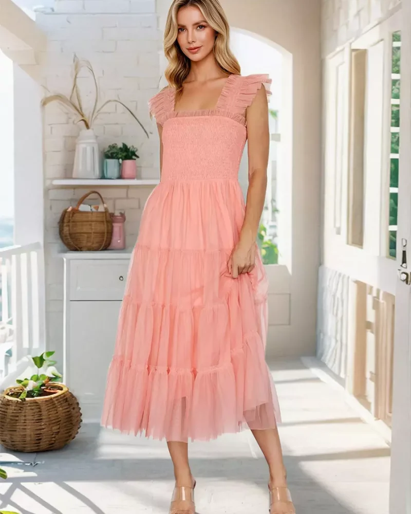 Casual Square Neck Sleeveless Ruffled With Layered Hem Tulle Midi Dress