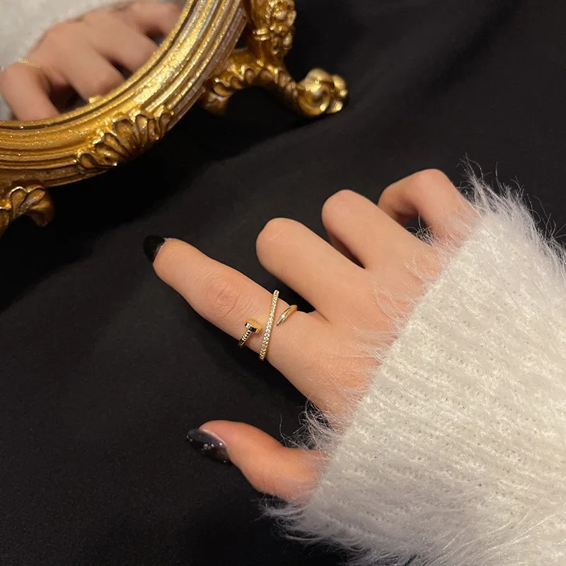 Classic Copper Zirconia Metal Crystal Needle Adjustable Couple Ring