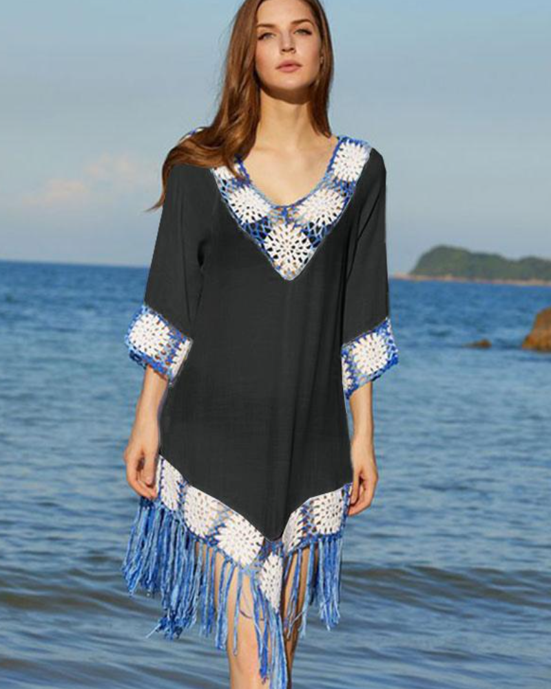 Cover Ups Two-Tone Cut Out V-Neck 3/4 Length Sleeves Sheer Beach Swimwear